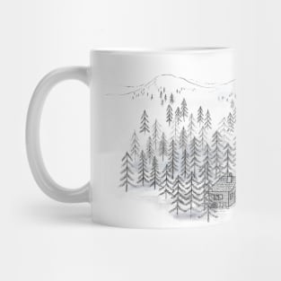 Woodland Retreat Log Cabin Drawing in Black and White Mug